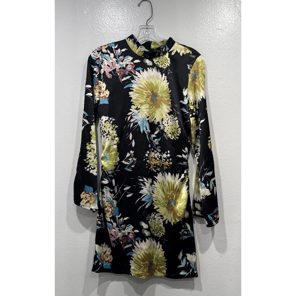 Zara Mini Dress Womens Size Medium Black Floral Print Gathered Long Sleeve Satin
